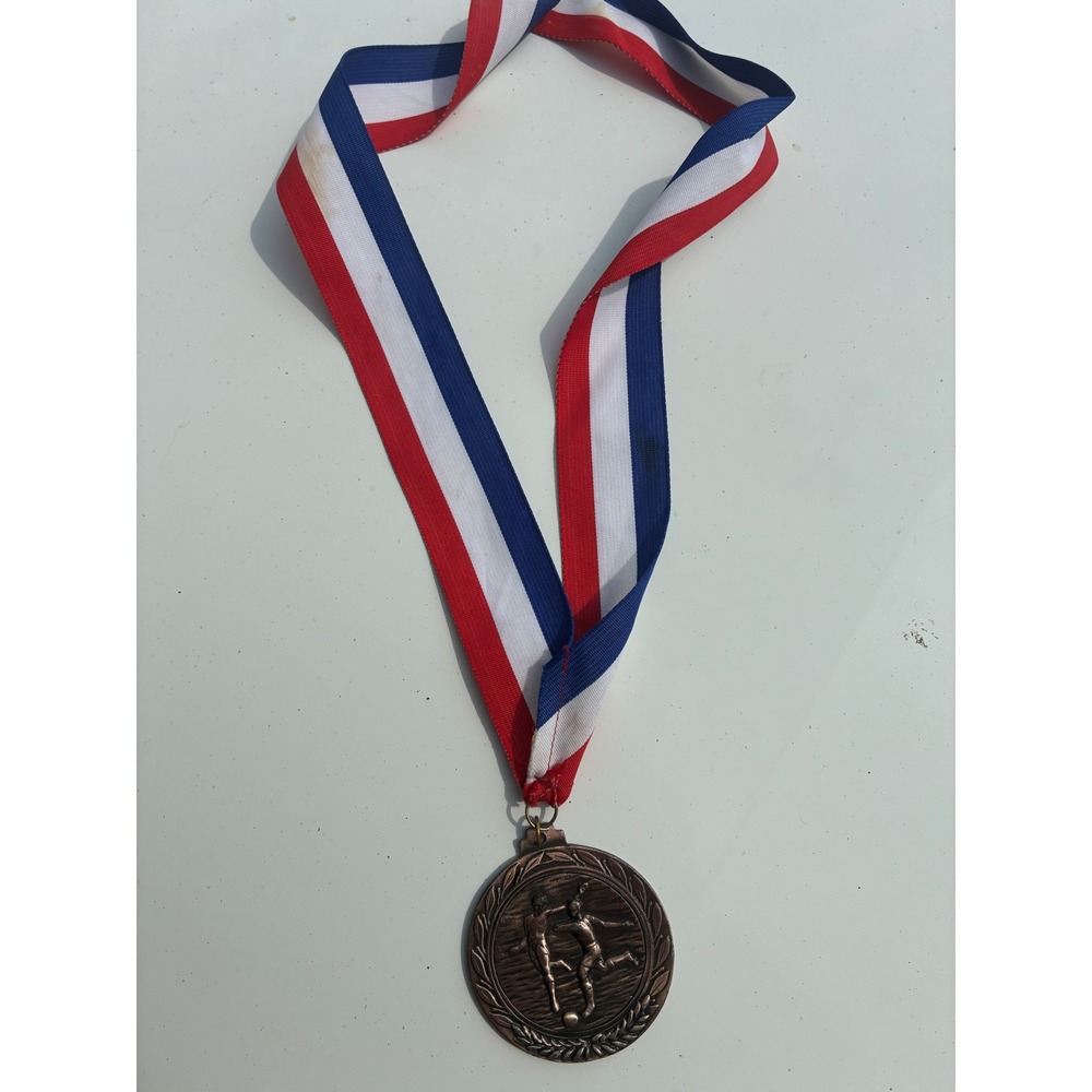 Vintage Bronze Soccer Medal‎ Red White Blue Ribbon Unengraved Sports Award